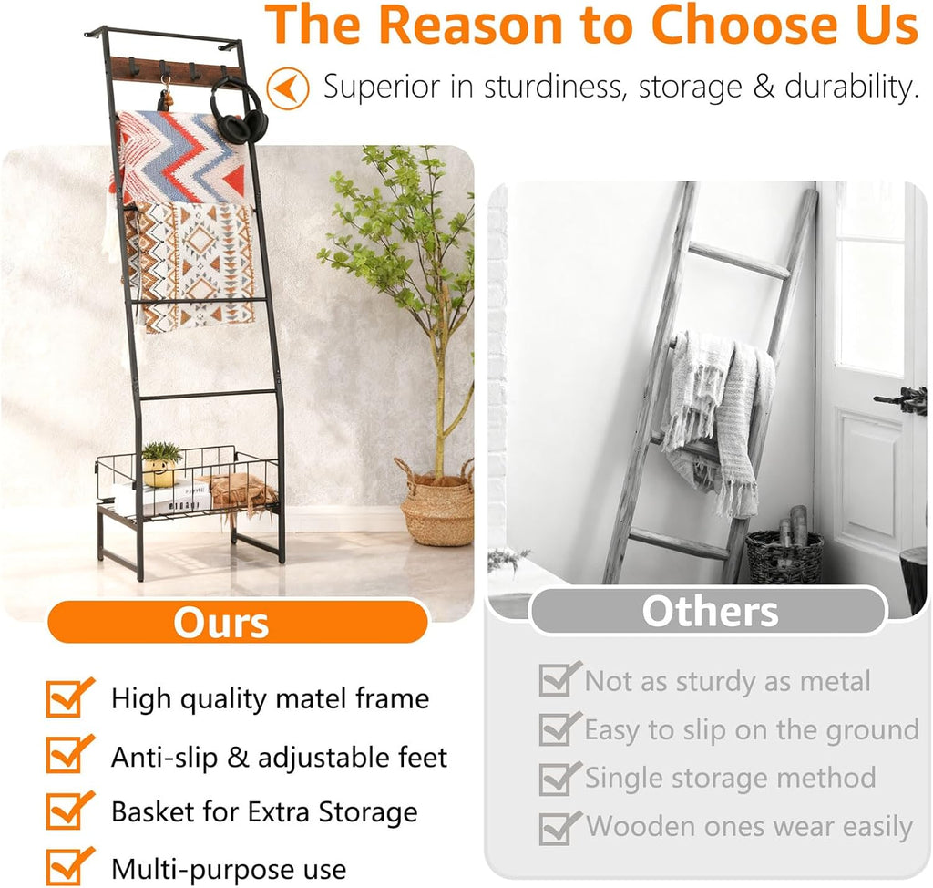 Metal Blanket Ladder with Basket, 5 Tier Black Blanket Ladders for the Living Room with Hooks, 5.2ft Wall Leaning Quilt Ladder for Blankets, Towels & Throws, Farmhouse Decor