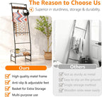 Metal Blanket Ladder with Basket, 5 Tier Black Blanket Ladders for the Living Room with Hooks, 5.2ft Wall Leaning Quilt Ladder for Blankets, Towels & Throws, Farmhouse Decor