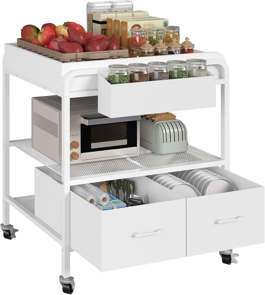 MAHANCRIS Kitchen Island with Storage, 3-Tier Microwave Stand with Wheels | Kitchen Rolling Cart, Kitchen Utility Storage Cart for Coffee Bar, Laundry Room, Office, 31.5 x 23.6 x 42.1 Inches, White