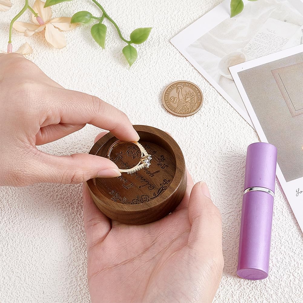 PH PandaHall Walnut Ring Holder Dish Wooden Rings Trinket Dish Small Wood Tray for Jewelry Display Wedding Ring Holder for Nightstand Anniversary Birthday Gift for Men 2.32 Inch, Round