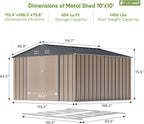 Patiowell 10 x 10 FT Outdoor Storage Shed with Floor Frame, Metal Yard Shed with Design of Lockable Doors, Utility and Tool Storage for Garden, Patio, Backyard, Outside use, Brown