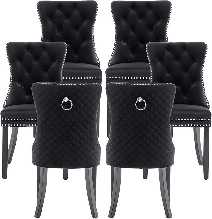 Velvet Dining Chairs Set of 6, Upholstered Dining Room Chairs with Nailhead Trim, Sillas de Comedor Modernas 6, Wooden Kitchen Chairs for Dining Room, Living Room, Kitchen, Bedroom, Black