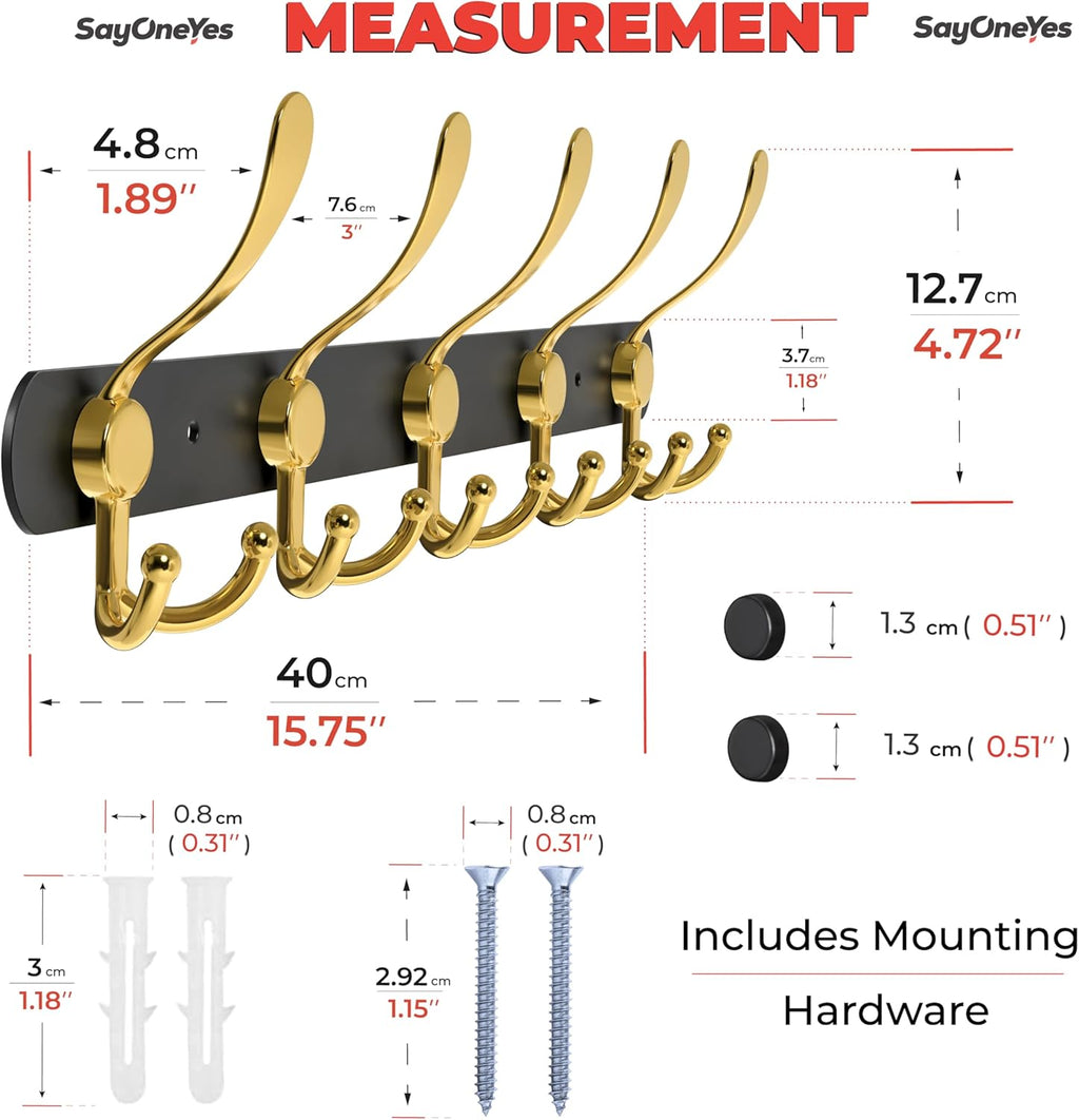 Coat Rack Wall Mount with 5 Tri Hooks, Stainless Steel 16 Inch – Black & Gold Matte Finish, Heavy Duty Wall Mounted Hook Rack for Coats, Hats, Towels, Scarfs, Robes, Bags, Entryway & Bathroom, 3 Pack