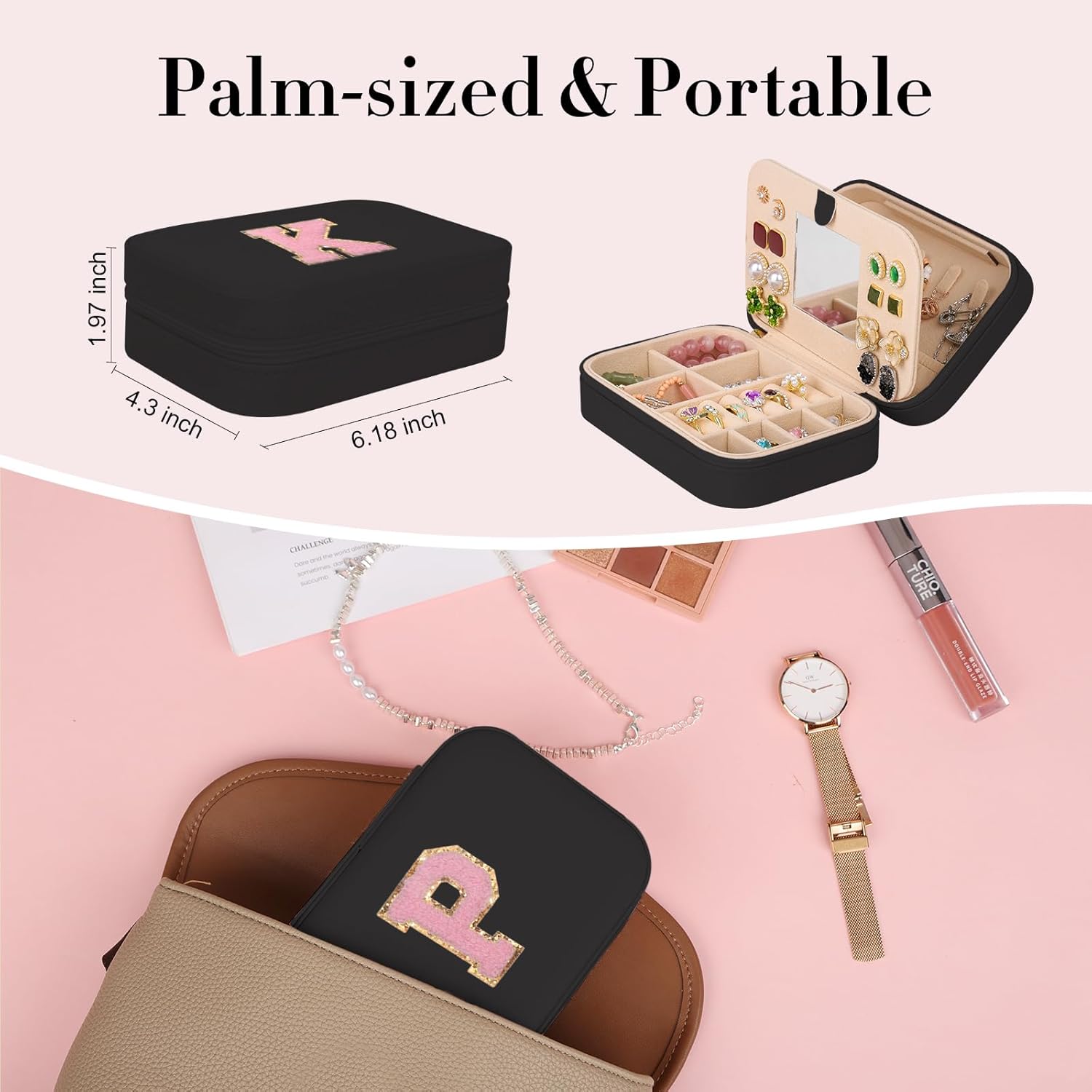 TopPerfekt Travel Jewelry Case, Jewelry Box with Mirror, Jewelry Organizer Bridal Shower Gifts to Her, Earring Storage Travel Case, Trendy Gift for Women and Girls, Girlfriend-Letter P, Black