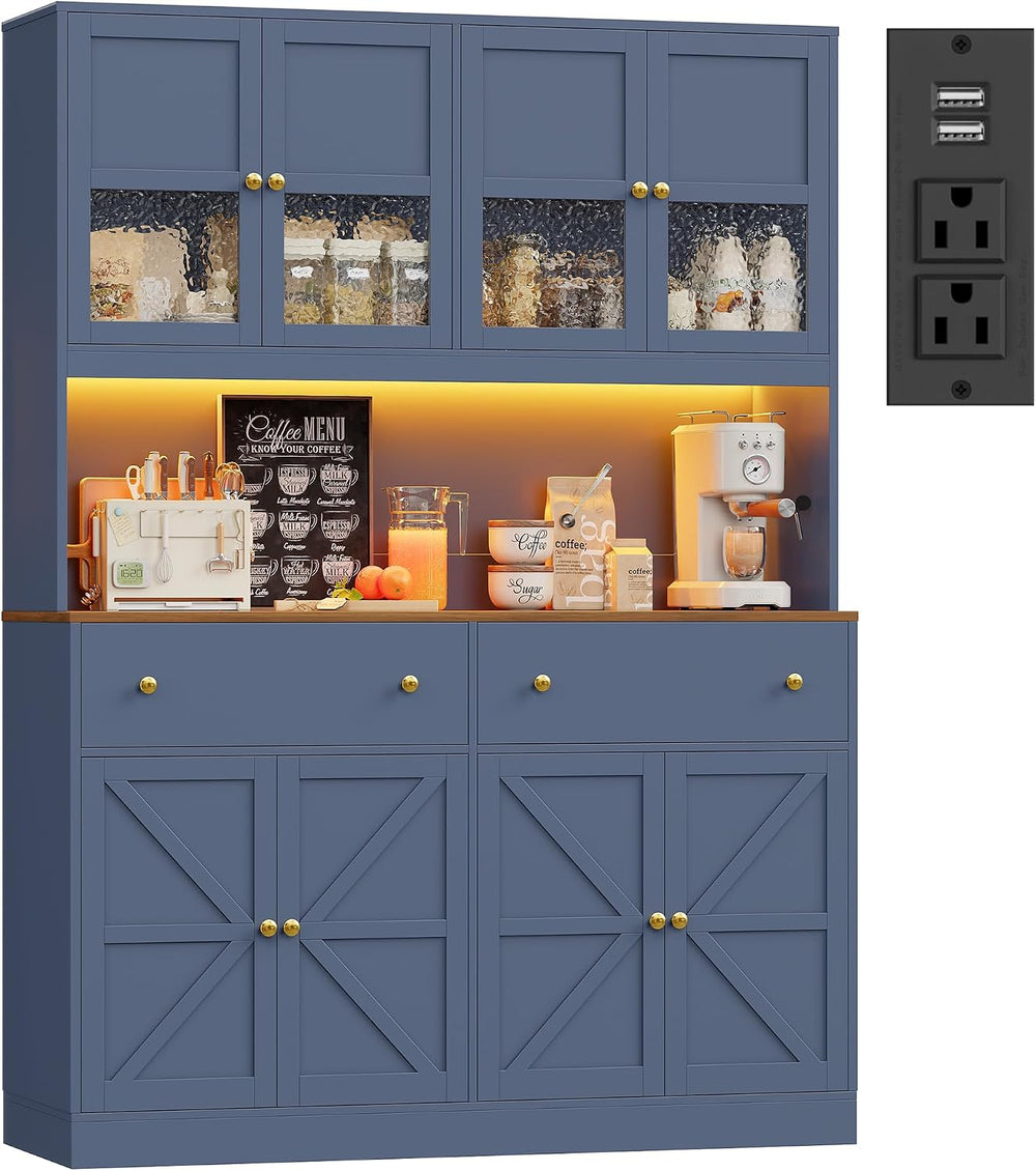 FINETONES 71" Pantry Cabinet with LED Light and Charging Station | Farmh...