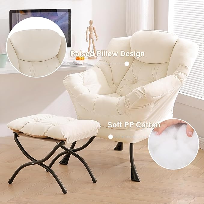 Tiita Lazy Chair with Ottoman, Modern Large Accent Lounge Armchair, Comfy Leisure Sofa Reading Chair with Footrest for Bedroom, Living Room, Dorm Rooms, Garden and Courtyard, Velvet Beige