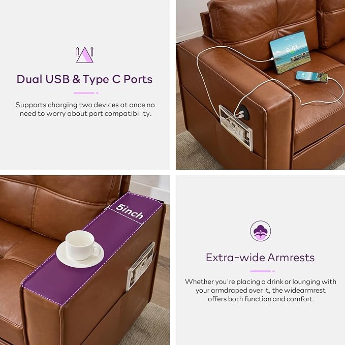 TYBOATLE 88" W Faux Leather Couches for Living Room w/Side Pockets, Mid-Century Modern Tufted Comfy Leather Couch w/USB and Wider Arms, 3 Seater Sofa for Office, Apartment, Bedroom