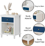 Kids Nightstand with Drawer and Shelf, Wood Bedside Table, Navy Blue | Kids nightstand with drawer and open shelf keeps books, toys, and bedtime essentials organized and within easy reach.