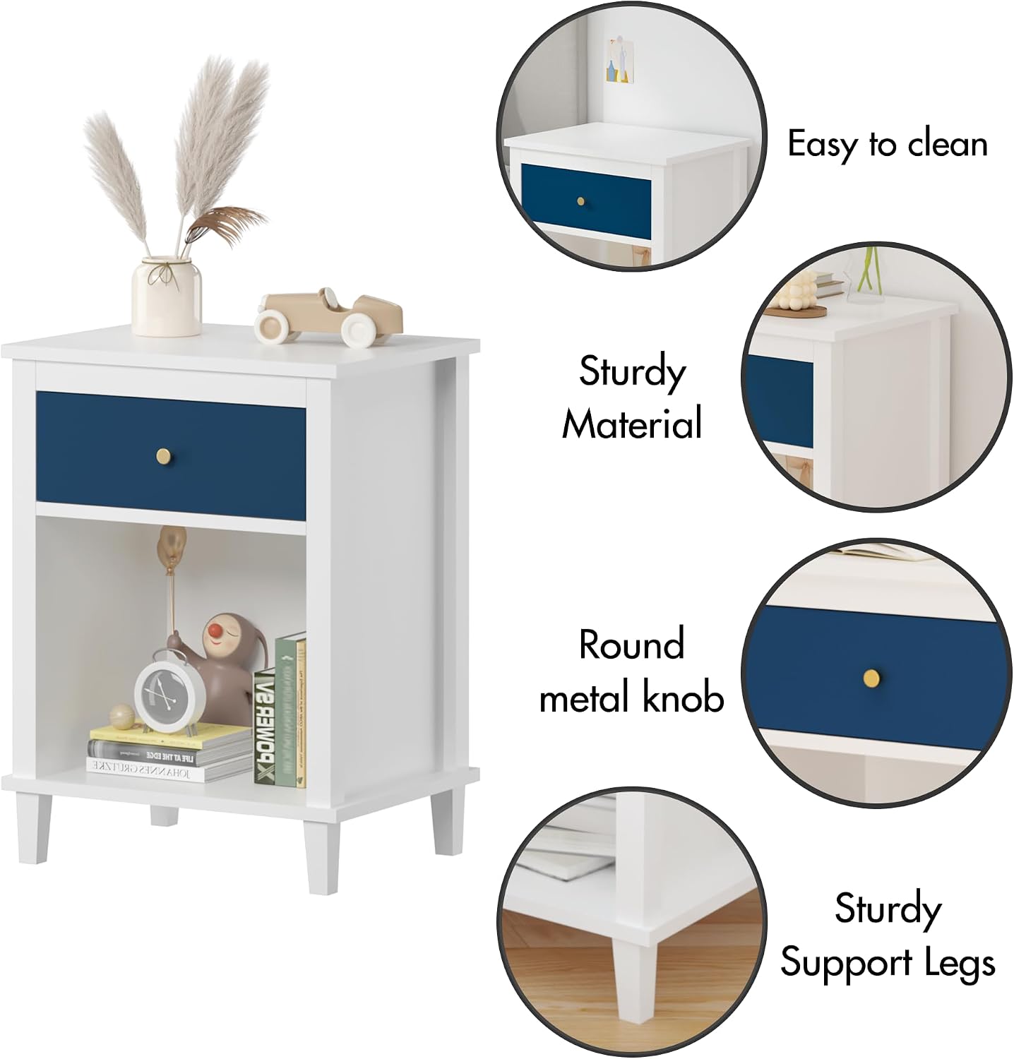 Kids Nightstand with Drawer and Shelf, Wood Bedside Table, Navy Blue | Kids nightstand with drawer and open shelf keeps books, toys, and bedtime essentials organized and within easy reach.