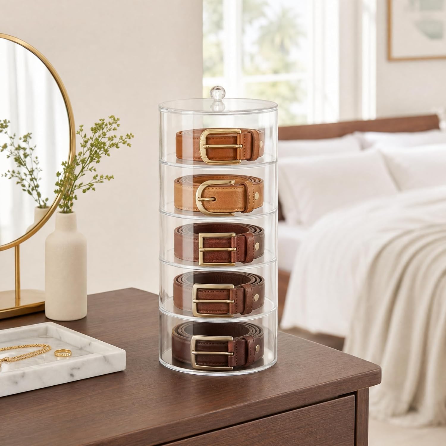 ZENFUN 5 Layers Acrylic Belt Organizer, Stackable Belt Storage Box Clear Display Case Vanity Organizer for Watch, Hair Accessories, Jewelry, Closet and Drawer, 2.6" H x 5.5" Dia