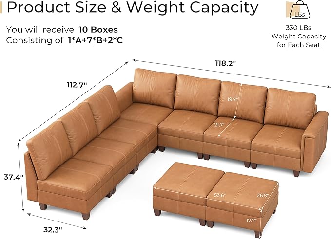 SITJOY 118" Faux Leather Modular Sectional Sofa with Storage, Mid Century Modern Sectional Couches for Living Room, Soft Padded Armrests, 9 Seat L Shaped Couch with Ottoman, Brown