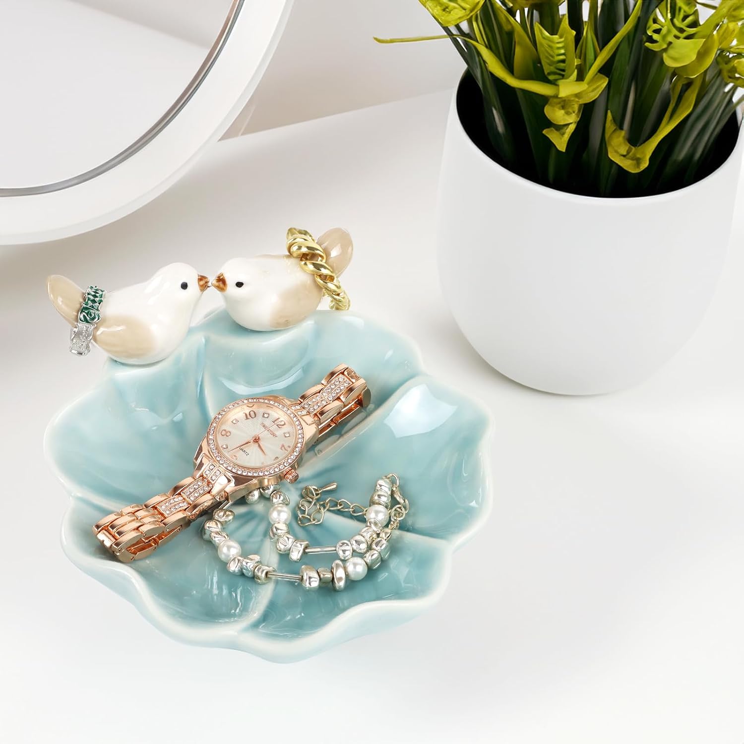 Fordonral Ceramic Jewelry Tray Trinket Dish Decorative Cute Bird & Lotus Leaf Ring Holder Dish Aesthetic Room Vanity Decor (Blue)
