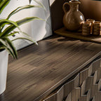 Bme Georgina Solid Wood Sideboard with Geometric Pattern, 2 Doors and 3 Drawers, 61 Inch Mid Century Modern Sideboard Cabinet for Kitchen, Dining Room, Living Room, Mocha