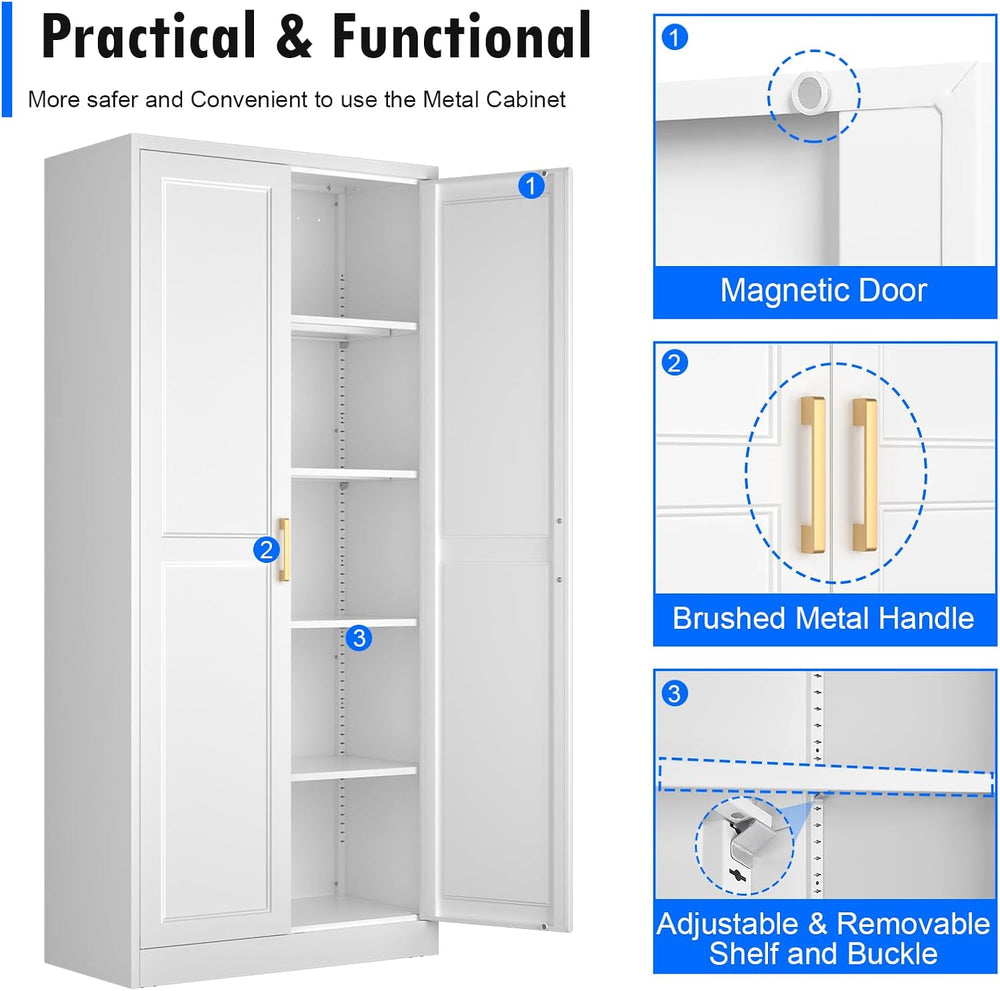 Polup 71" White Metal Kitchen Pantry Storage Cabinet with Doors and Shel...