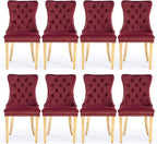 Velvet Upholstered Dining Chairs Set of 8, Modern Style Kitchen Side Chairs with Nailhead Trim and Gold Plated Leg, Metal Pulling Ring for Dining Room Living Room(Wine Red-Gold Plated Leg)