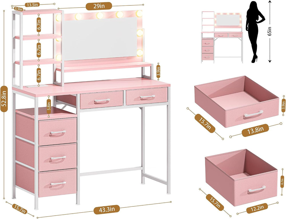 Vanity Desk with Mirror and Lights, Makeup Vanity with 5 Fabric Drawers and O...