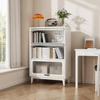 Solid Wood Storage Cabinet with Glass Doors, 3 Shelf Small Storage Cabinet, Mid Century Modern Bookcase, Kitchen Pantry Cabinet (White, 31.5" W)