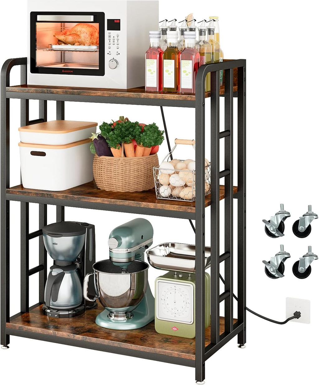 METYERRY Bakers Rack with Power Outlet,Adjustable Microwave Stand with Storage,3-Tier Kitchen Shelves,Microwave cart Suitable for Kitchen,Dinning Room,Coffee Bar,Living Room,Rustic Brown