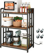 METYERRY Bakers Rack with Power Outlet,Adjustable Microwave Stand with Storage,3-Tier Kitchen Shelves,Microwave cart Suitable for Kitchen,Dinning Room,Coffee Bar,Living Room,Rustic Brown