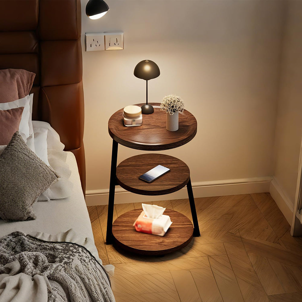 YUNMUARY-Walnut Wood Side Table,Modern Round Bed Tables Bedroom,Circle End Ta...
