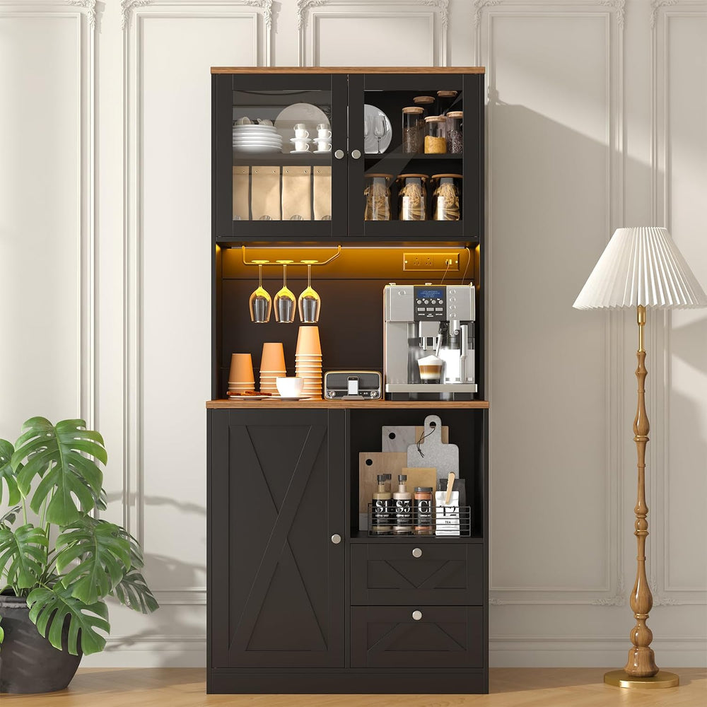 71" Tall Coffee Bar Cabinet with Storage Hutch, Farmhouse Kitchen Pantry...