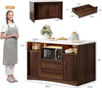 Kitchen Island with Power Outlet and LED Lights, 47" Rolling Kitchen Island Table with Storage, Marble Top Mobile Kitchen Cart on Wheels with Microwave Space & Drawers & Sliding Doors, Walnut