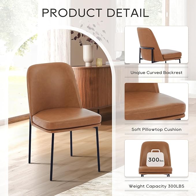 COLAMY Dining Chairs Set of 4, Modern Dining Chair, Leather Upholstered Dining Chairs, Kitchen Chairs with Curved Back and Metal Legs for Dining Room Kitchen Restaurant, Brown