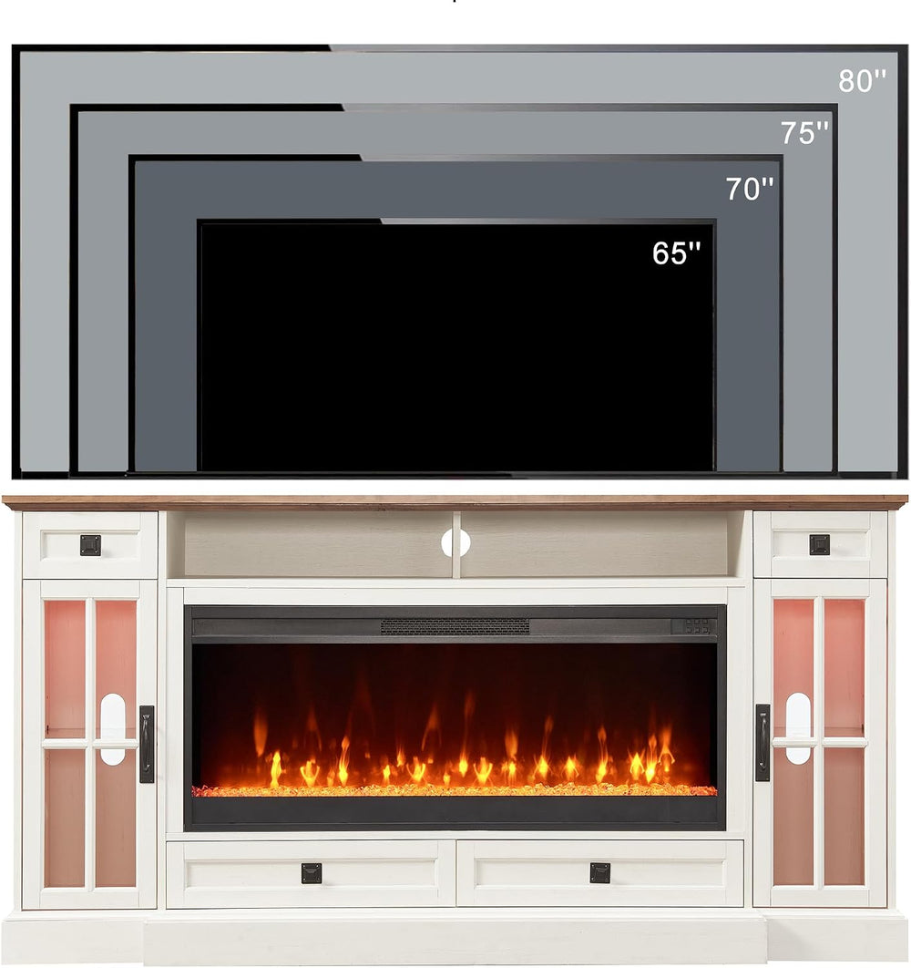 OKD 70" Farmhouse Fireplace TV Stand for 80 Inch TV, Antique White | 42&...