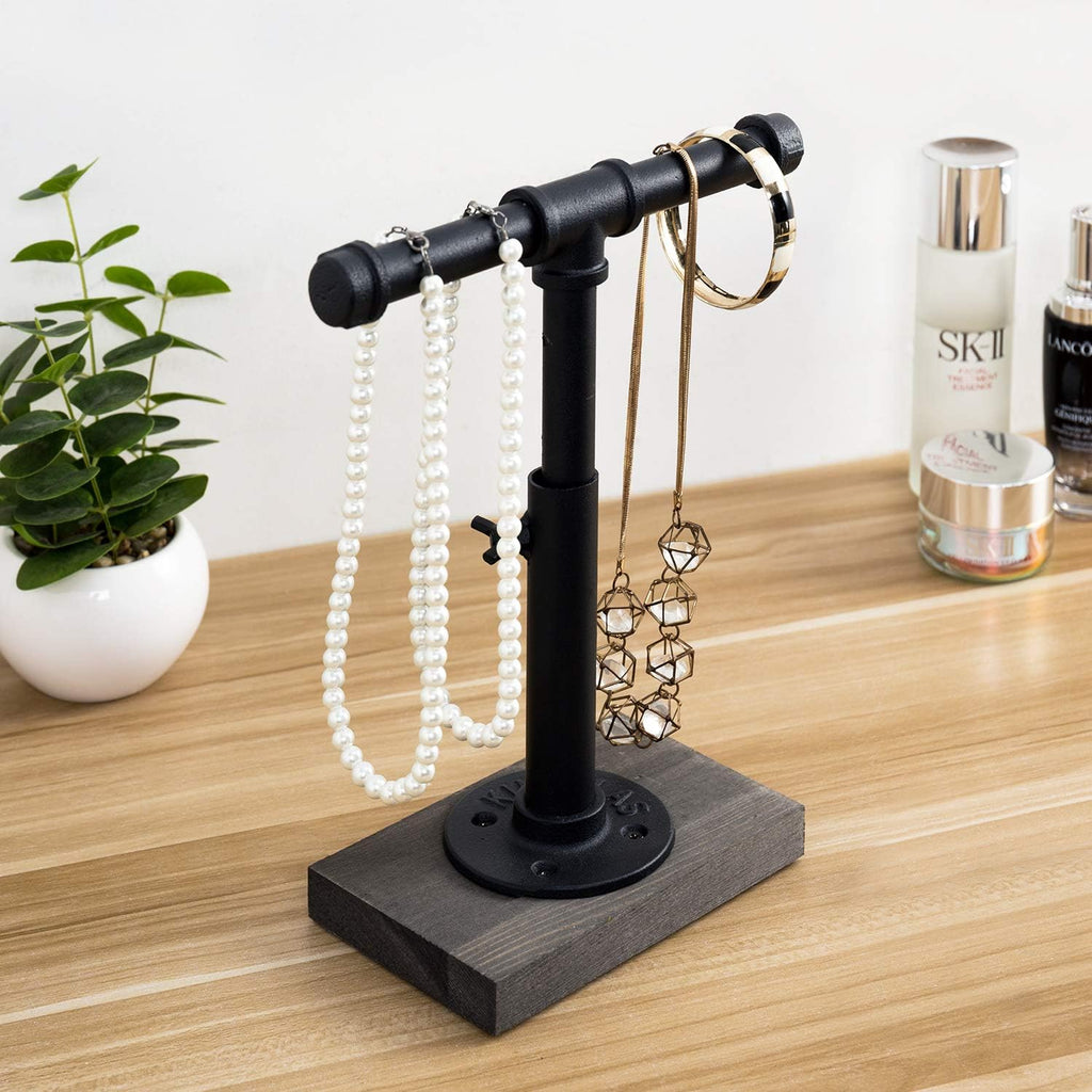 MyGift Adjustable Height Industrial Pipe Organizer Stand - Rustic T-Bar for Jewelry, Headphones, Medals, Kitchen Utensils & Display, Gray Wood Base (Black/Gray, Country Style)