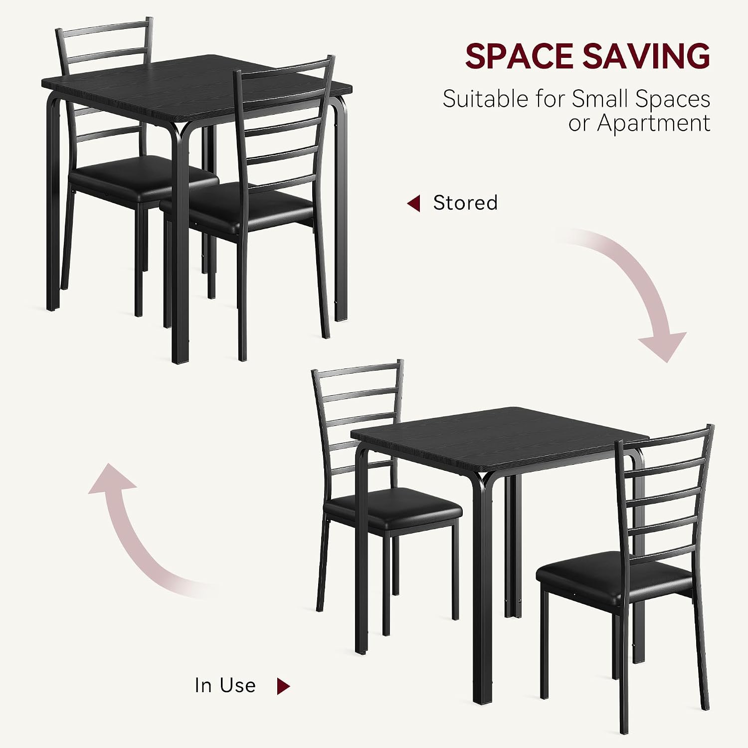 GarveeHome 3-Piece Kitchen Dining Room Table Chair Set for Small Space, Indoor Modern Dinette Set for 2, Square Dinner Table Set for Dinette (Black, Dining Table with 2 Chairs)