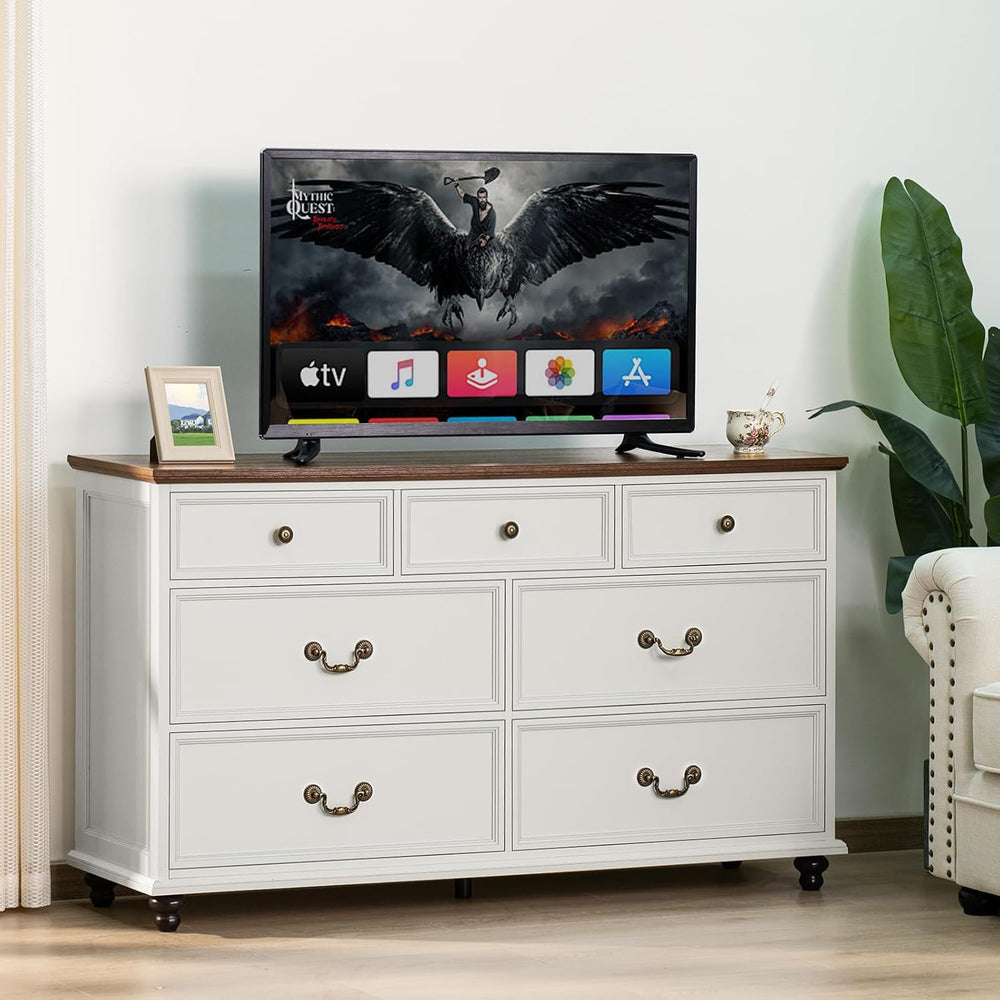 Joaxswe Farmhouse 54" 7 Drawers Dresser for Bedroom, White Wood Chest of...