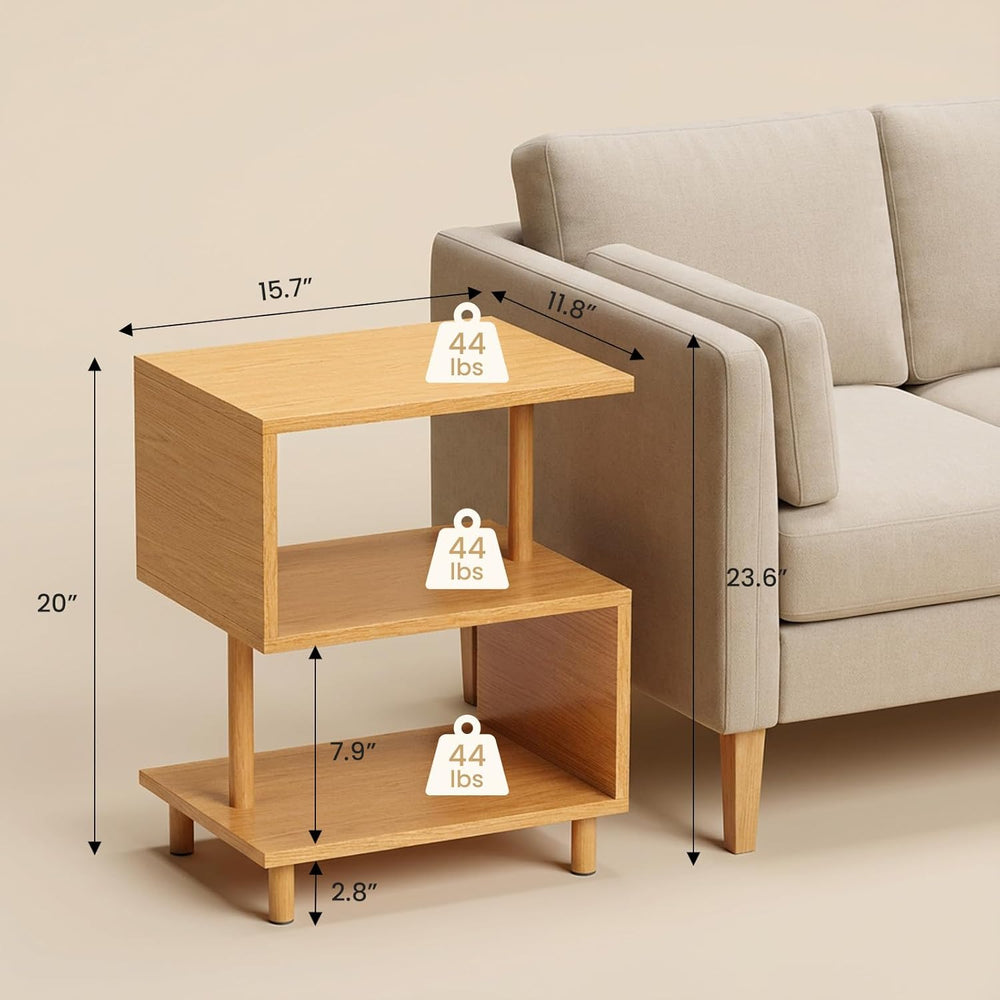 Apicizon S-Shaped Side Table, 3-Tier Nightstand with Solid Wood Legs, Slim Be...