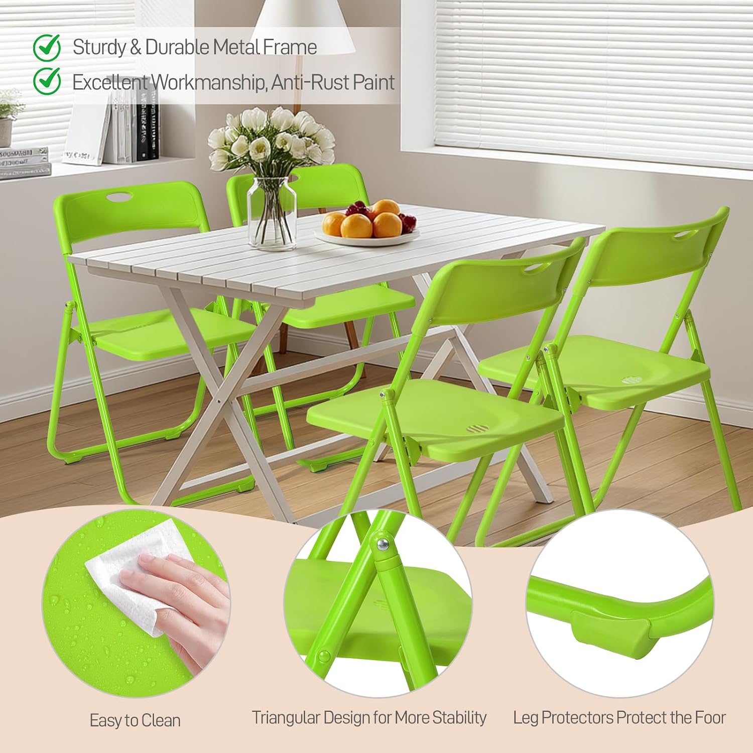 Karl home 4 PCS Plastic Folding Chair, Lightweight Foldable Chair, Green | 300LBS Capacity, Reinforced Metal Frame, for Events Office Wedding Party Picnic Kitchen Dining