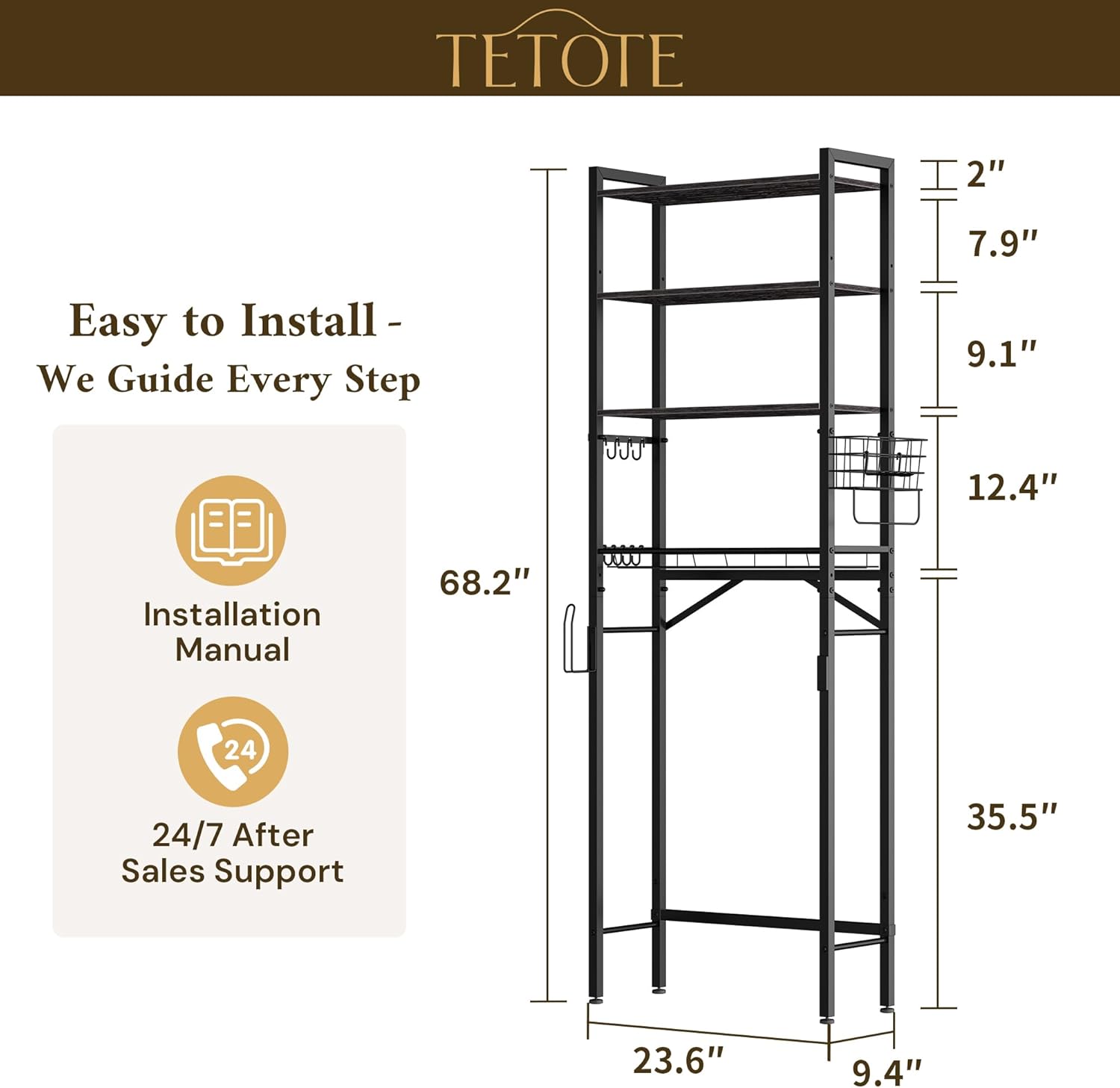 TETOTE Over Toilet Bathroom Organizer, 4-Tier Bathroom Over The Toilet Storage with Adjustable Shelf and Basket, Freestanding Space Saver Bathroom Shelves Above Toilet for Room(Black)