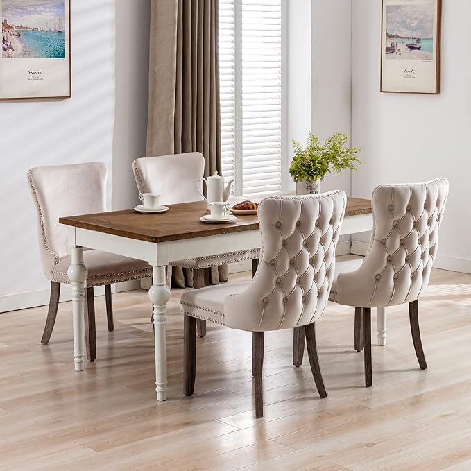 Modern Dining Chairs Set of 6, Upholstered Dining Chair with Full Back and Button Tufting, Beige Velvet Accent Chair, Sillas de Comedor, 6 Dining Chairs (Beige, Velvet, 6Pcs)