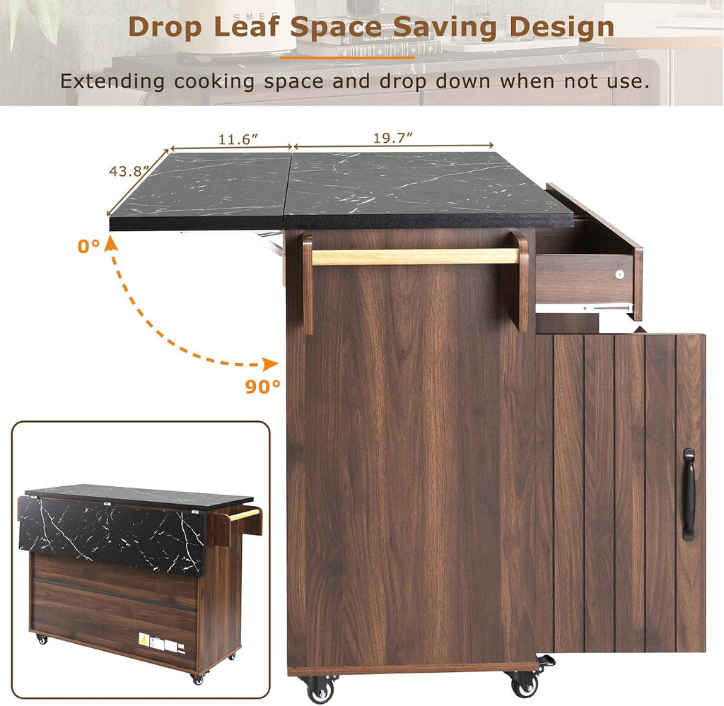 Kitchen Island with Trash Can Storage, Rolling Kitchen Cart on Wheels with Drop Leaf, Drawers, Adjustable Shelf and Tilt Out Trash Can Cabinet for 15 Gallon Garbage Bin, Brown