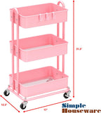 Simple Houseware 3-Tier Heavy Duty Metal Utility Rolling Cart, Pink