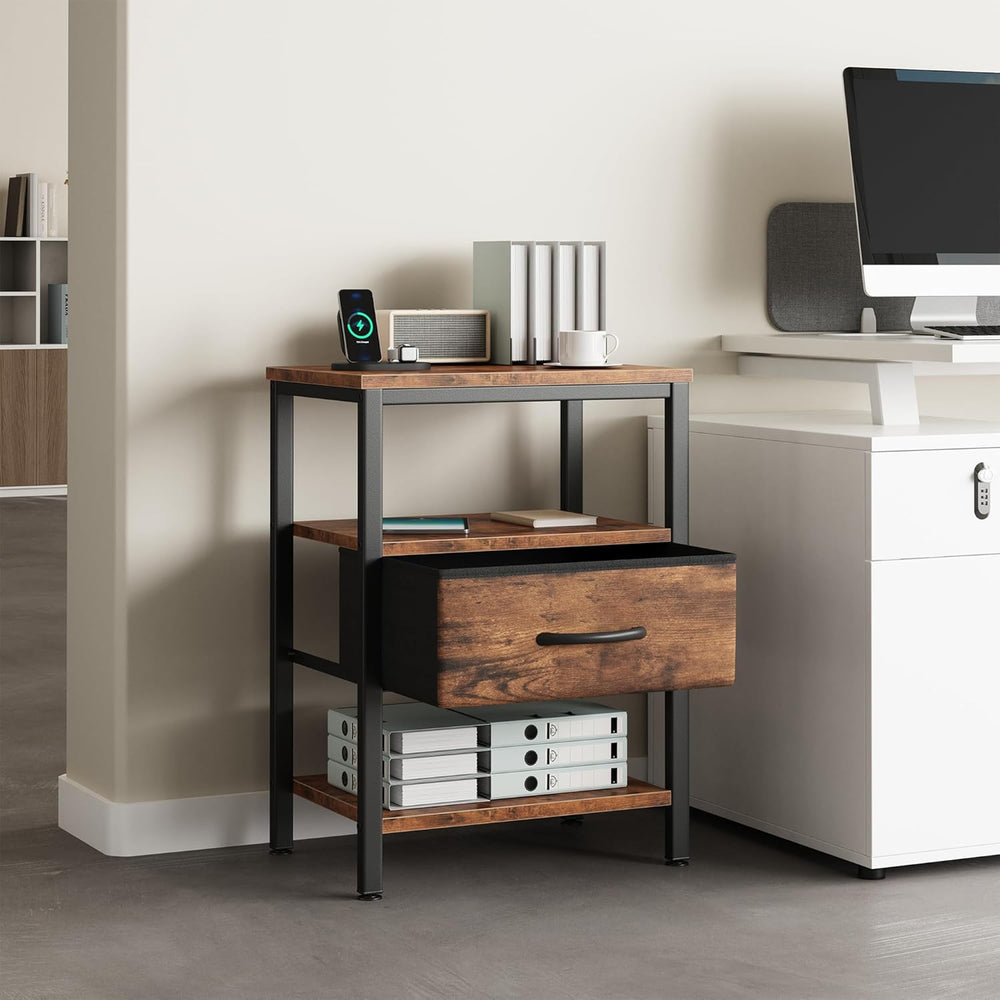 DUMOS Bedside Table with Charging Station and an Adjustable Fabric Drawer, an...