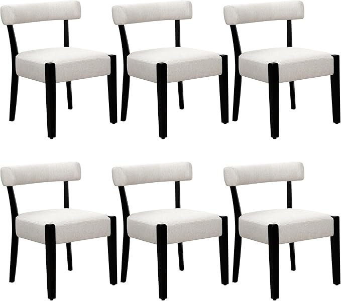 Modern Dining Chairs Set of 6, Upholstered Kitchen & Dining Room Chairs, Mid Century Modern Wooden Dining Chairs Oversized Sturdy Fabric Rounded Chairs Curved Back, Black and Beige
