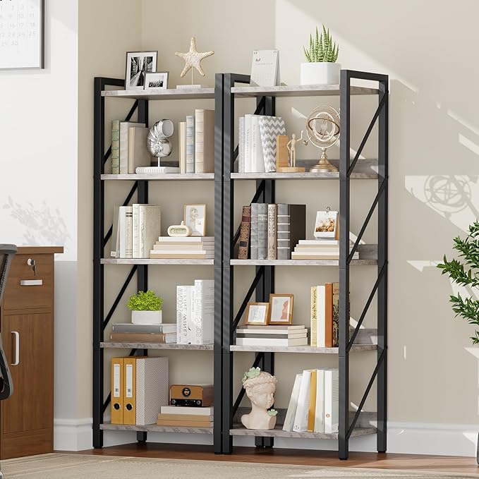 HOOBRO Bookshelf, 5-Tier Industrial Bookcase, Book Shelf Storage Organizer, T...