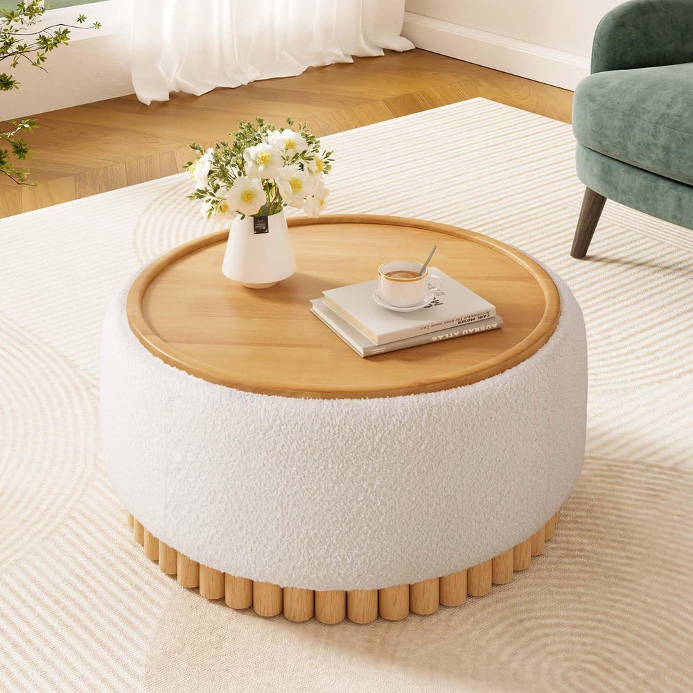 29" Boucle Upholstered Round Storage Ottoman with Solid Wood Legs, Moder...
