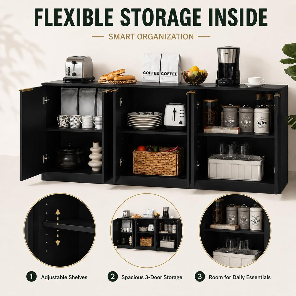 Fluted Sideboard Buffet Cabinet, 67" Credenza Storage Cabinet with 6 Doo...
