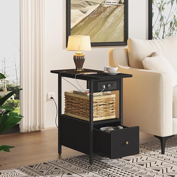 LIDYUK End Table with Charging Station, Narrow Side Table with Drawer and USB...