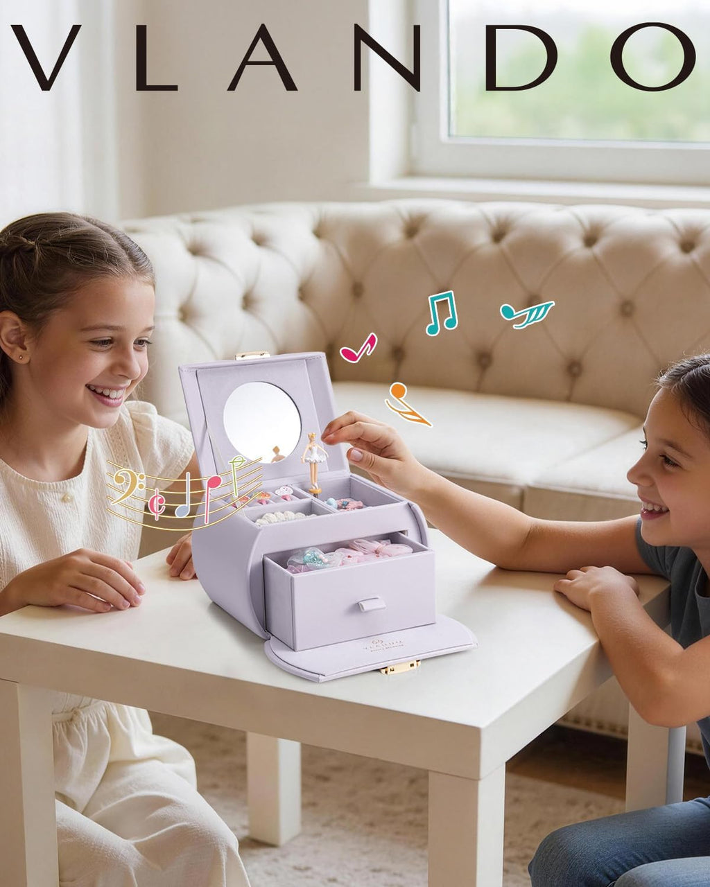 VLANDO 2 Layer Girls Musical Jewelry Box with Ballerina and Large Drawers | Rotating Dancer Plays Canon Melody, Top Dividers Store Rings and Small Treasures, Half-Moon Design, Birthday Christmas Gift
