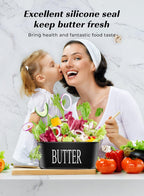 Butter Dish with Lid: Large Butter Container for Countertop - Ceramic Butter Holder for Counter - Butter Tray Butter Keeper with Knife and Sponge Scrubber - Perfect for 2 Sticks of Butter Black