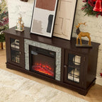 TV Stand with Electric Fireplace & Storage Cabinet, Entertainment Center with 2 Glass Door, Faux Stone Media Console Table for Living Room (Cherry,58" with Fireplace)