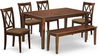 East West Furniture DUCL6-MAH-C 6 Piece Kitchen Table & Chairs Set Contains a Rectangle Dining Room Table and 4 Linen Fabric Dining Chairs with a Bench, 36x60 Inch, Mahogany