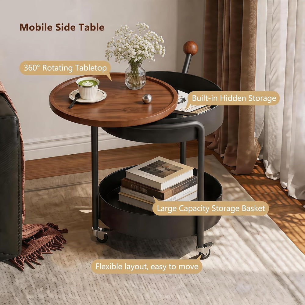 Mid-Century Modern Round Side Table, 2-Tier Mobile Sofa End Table with Rotata...