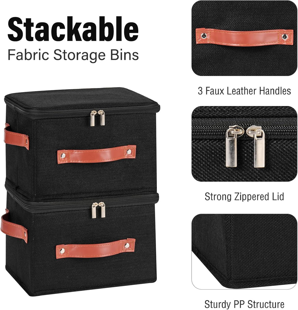 Storage Bin Box with Zippered Lid Decorative Collapsible Basket | Cotton Linen Fabric, Washable Foldable Stackable Clothes Container, Closet Shelf Organizer w/ PU Leather Handles, Black-Small