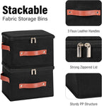 Storage Bin Box with Zippered Lid Decorative Collapsible Basket | Cotton Linen Fabric, Washable Foldable Stackable Clothes Container, Closet Shelf Organizer w/ PU Leather Handles, Black-Small